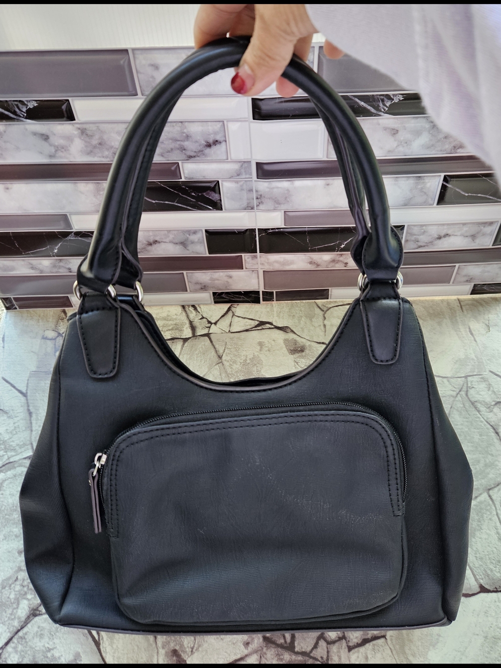 Classic Black Shoulder Tote with Front Zip and Snap Pocket - Picture 9 of 16